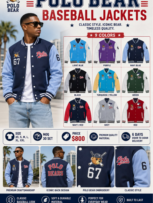 Polo Bear Baseball Varsity Jacket – Premium Patch Edition
